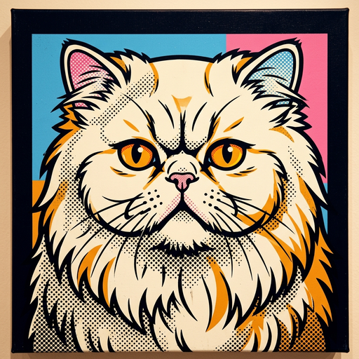 Sir Fluffington in the Pop Art style: bold colors and graphic panels