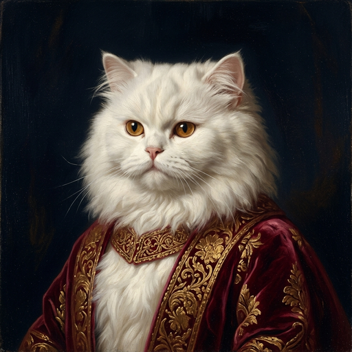 Sir Fluffington in the Renaissance style: old-master portrait with period costume