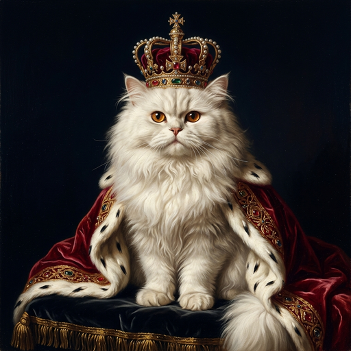 Sir Fluffington in the Royal Oil style: classical oil portrait with crown and robes