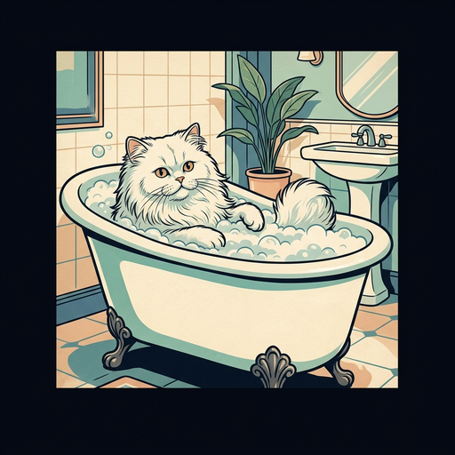 Sir Fluffington in the Vintage Bath style: retro clawfoot tub art print